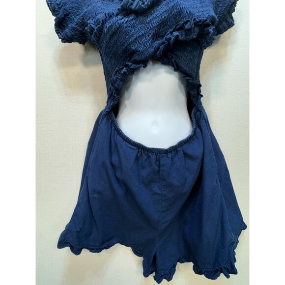 American Eagle Outfitters Womens Smocked Sexy Denim Romper Size L Navy Cutout - Picture 5 of 11